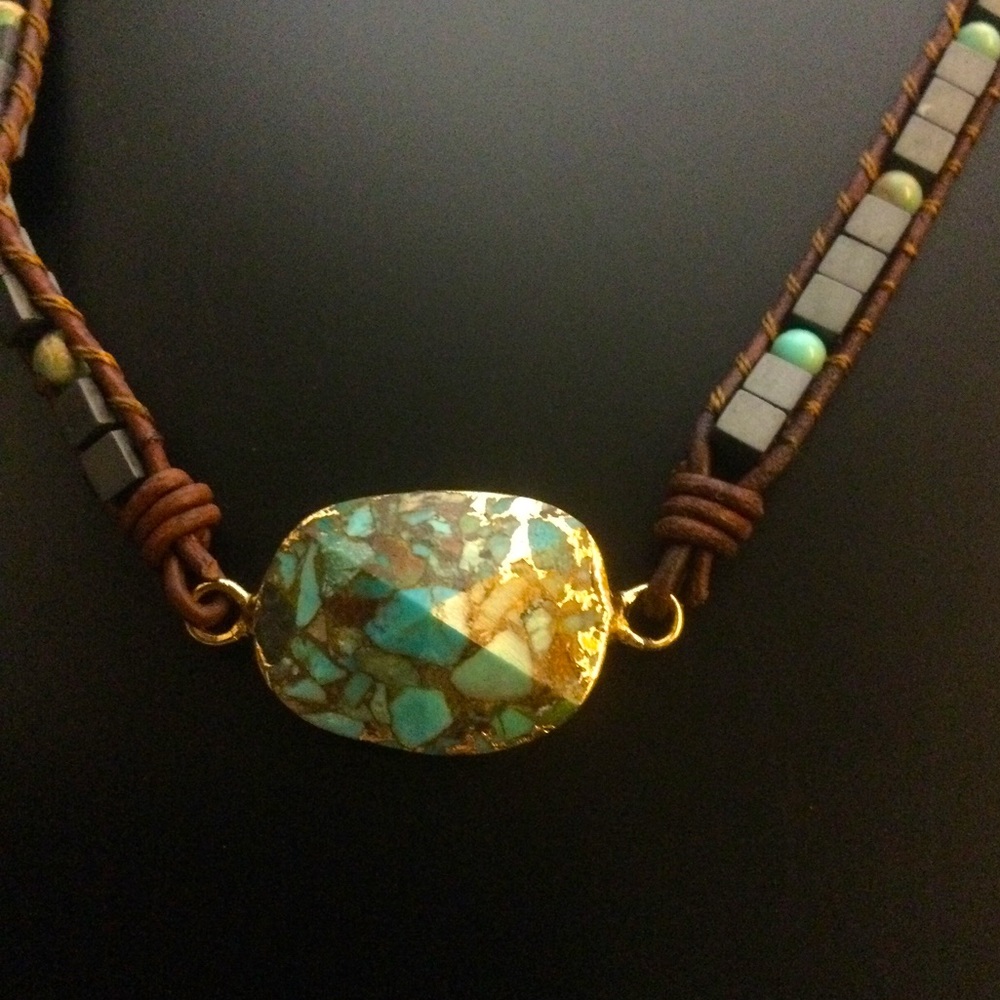 Vintage turquoise leather beaded choker